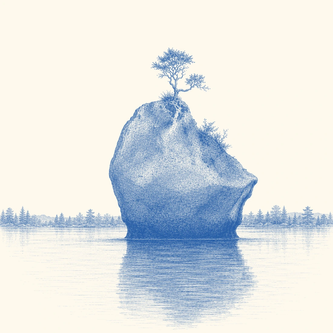 The original Pahoia Rock engraving, with its lone tree, in cobalt blue.