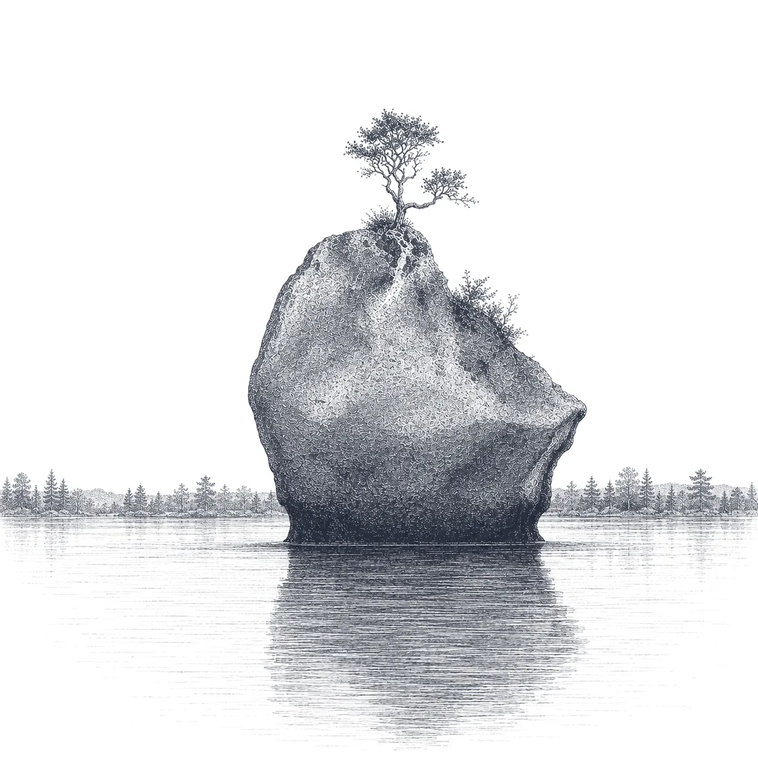 Engraving of the Pahoia rock — a lone tree on a sea stack off the Pahoia Peninsula